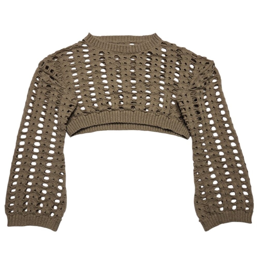 Romwe Crop Top Womens Medium Brown‎ Open Knit Sheer Cover Up Boho Festival Shirt